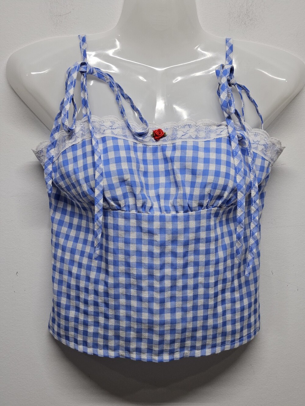 Y2K Blue Gingham Lace Trim Tie Strap Cami Top Rose Detail Size S Cottagecore - Picture 2 of 10